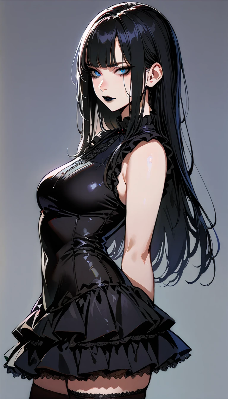 Cute girl with long dark grey hair,(Black lace jumpsuit:1.2),blush,Shiny skin,Large breasts,Black tights,Dark blue eyes