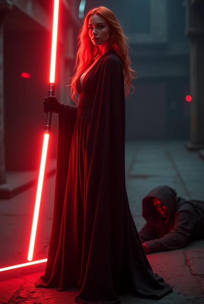 (full body shot:1) photorealistic image of a (standing pose:1) ultrarealistic, photography, long red hair, woman, 24 years old, hourglass figure, perfect body, seductive look, natural medium breasts, blur background, in complete darkness, she is wearing a sith robe, she is holding a red lightsaber, the lightsaber is the only lightsource, on a dark spacestation, a couple of defeated jedis are lying on the ground with a different coloured lightsabers next to them
