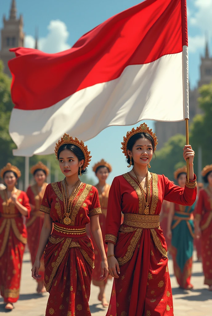 Indonesian women wearing cultural clothes walking carrying a red and white flag