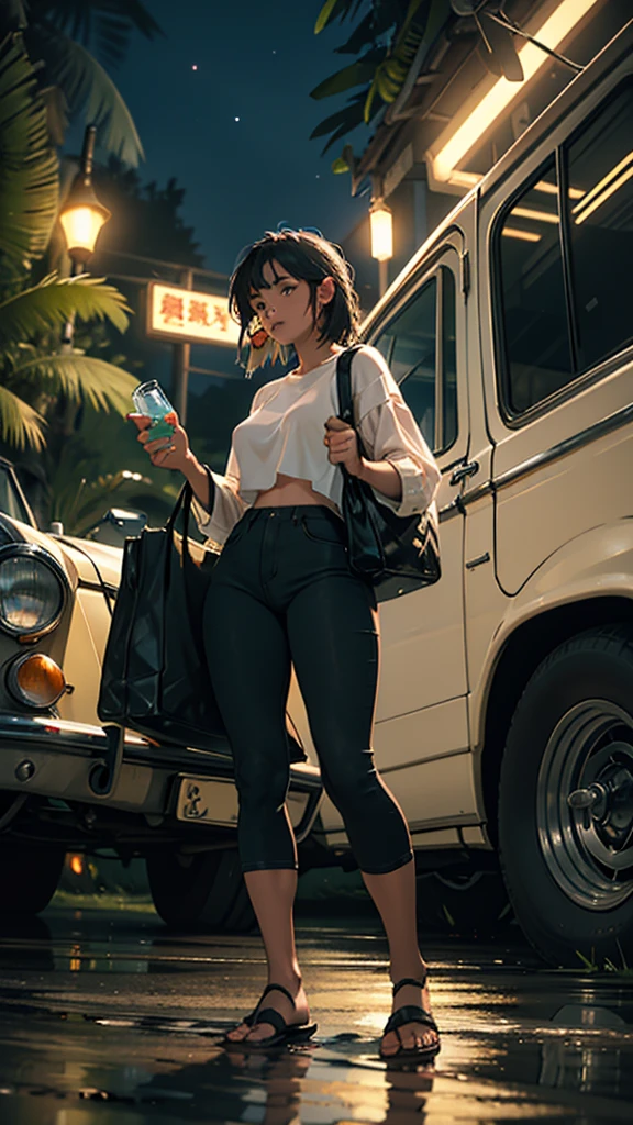 A young woman is camping on top of her feet, she is wearing tight clothes, or her hips are big, she is passing by water, she is carrying a few bags of liquor, or she is eating a vintage car at night, she is passing in the jungle.