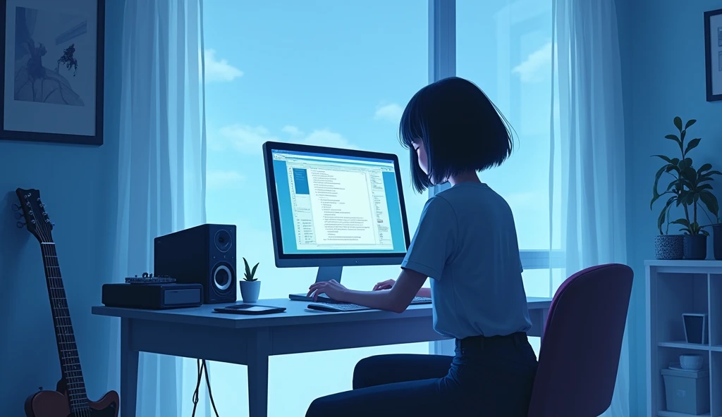 Inside the room blue white Emotional computer speaker Electric guitar leaning against a wall Desktop Music Bob Hair Near future Girl dawn An illustration Anime Style Back view Face not shown