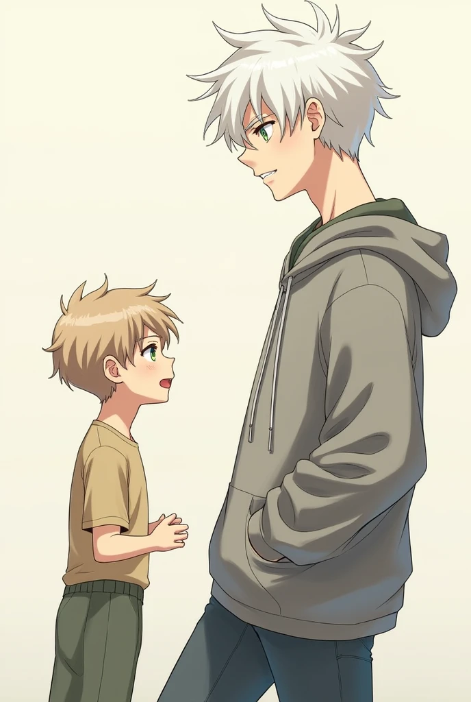 Create a picture of two boys: One with white hair and yellow eyes taller, and in front of him another shorter boy with light brown hair and green eyes, Both are white, They are teenagers 
