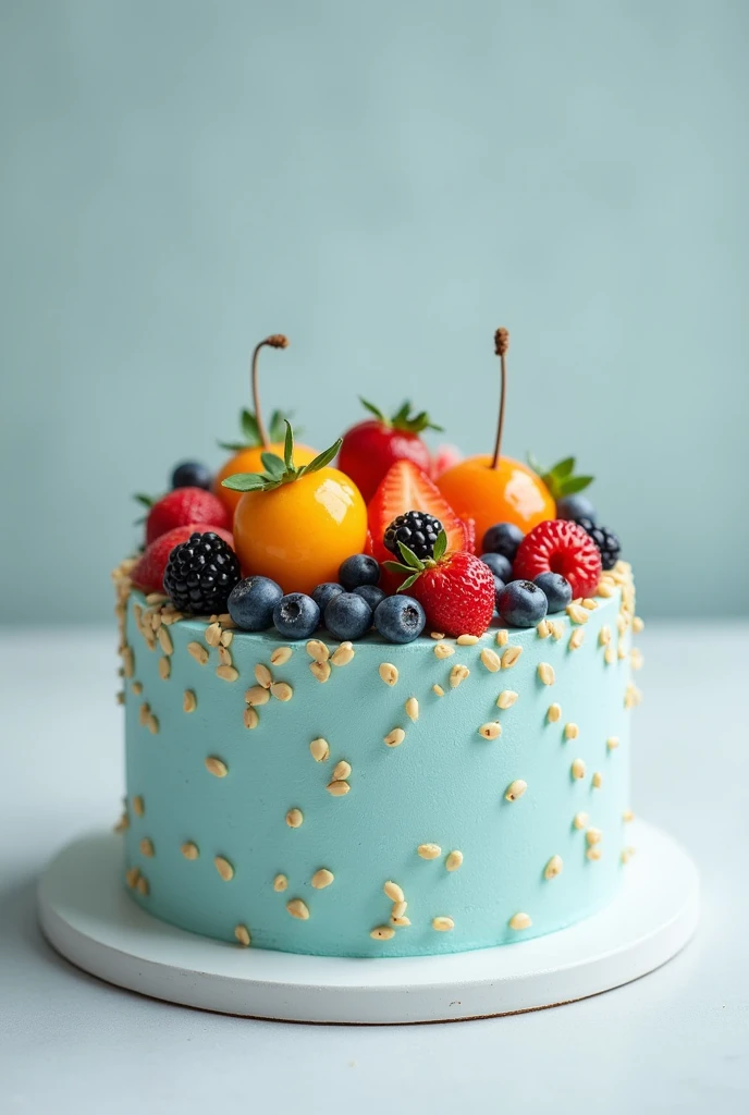 A light blue sesame cake with fruits spread on top