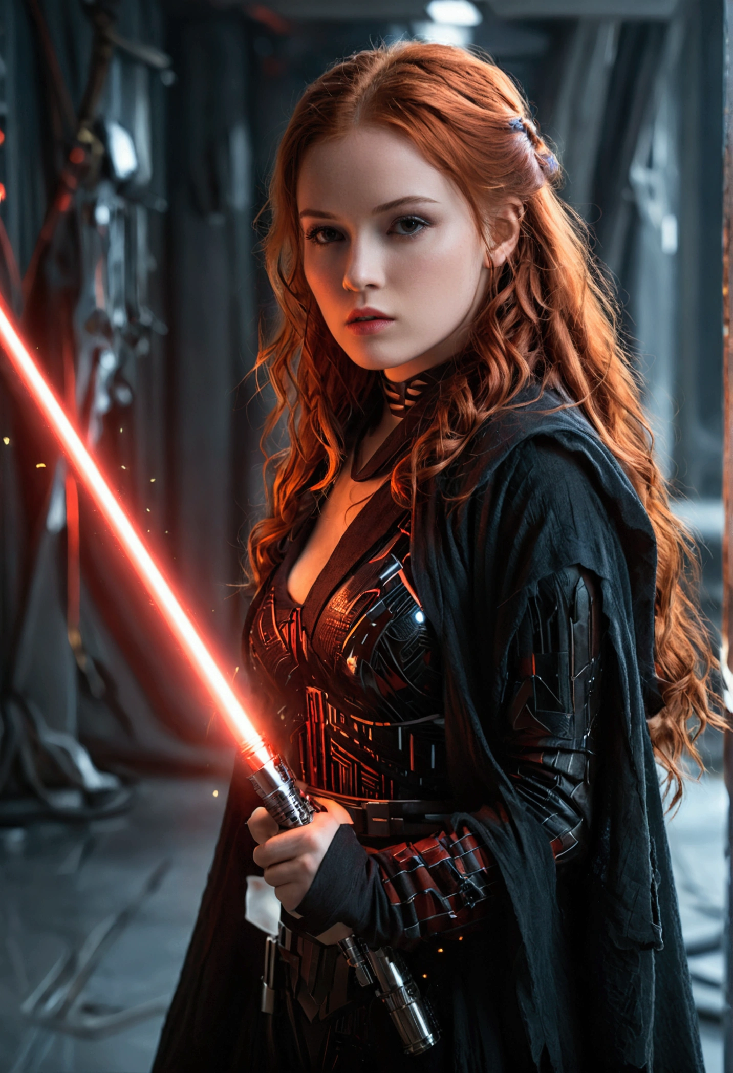 (full body shot:1) photorealistic image of a (standing pose:1) ultrarealistic, photography, long red hair, woman, 24 years old, hourglass figure, perfect body, seductive look, natural medium breasts, blur background, in complete darkness, she is wearing a sith robe, she is holding a red lightsaber, the lightsaber is the only lightsource, on a dark spacestation,