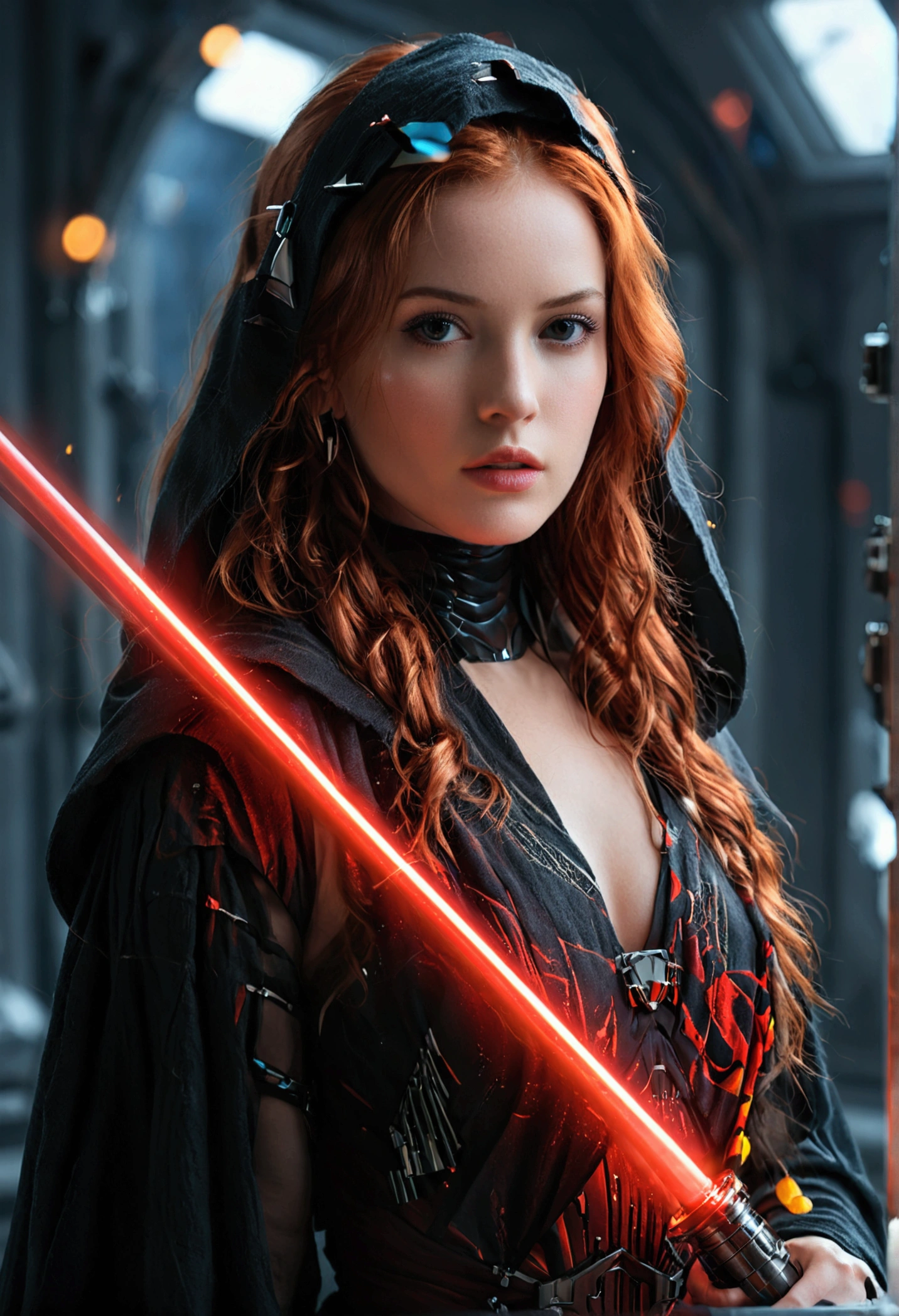 (full body shot:1) photorealistic image of a (standing pose:1) ultrarealistic, photography, long red hair, woman, 24 years old, hourglass figure, perfect body, seductive look, natural medium breasts, blur background, in complete darkness, she is wearing a sith robe, she is holding a red lightsaber, the lightsaber is the only lightsource, on a dark spacestation,
