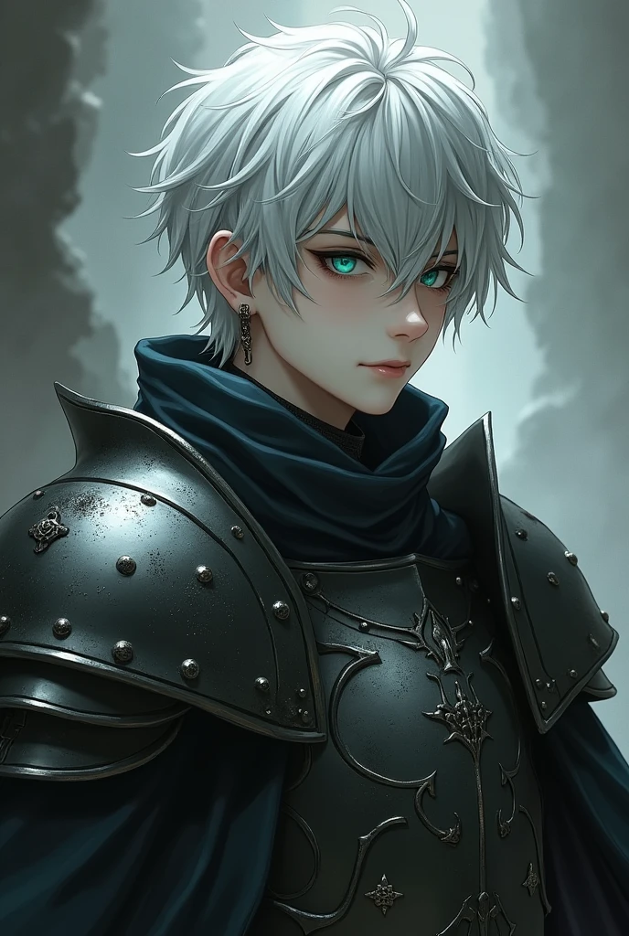 1boy, white boy, white boy, pale skin, ((gray skin)),twenty years old, white skin, male focus, no wrinkles, (((silver hair)), 【Feature】Black Sclera, green eyes, earring, wearing armor darkness, skull in armor
