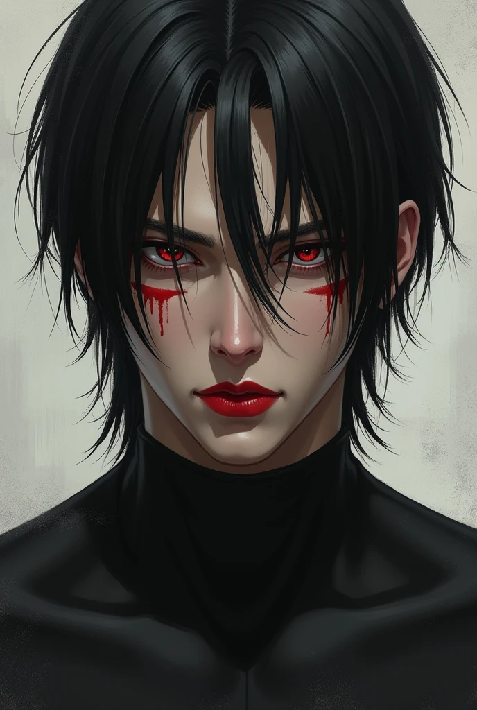 Man with sad deep black eyes, Red lips, straight black hair and muscular