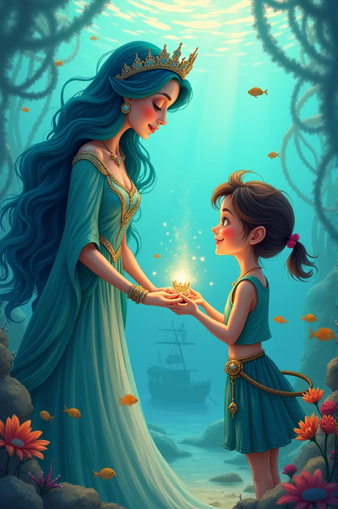 A cartoon style drawing about The Queen of the Sea, grateful for the girl's courage and kindness, grants her an amulet that allows her to communicate with the sea whenever she needs to. The girl thanks him and returns to the surface., feeling connected to the ocean forever.