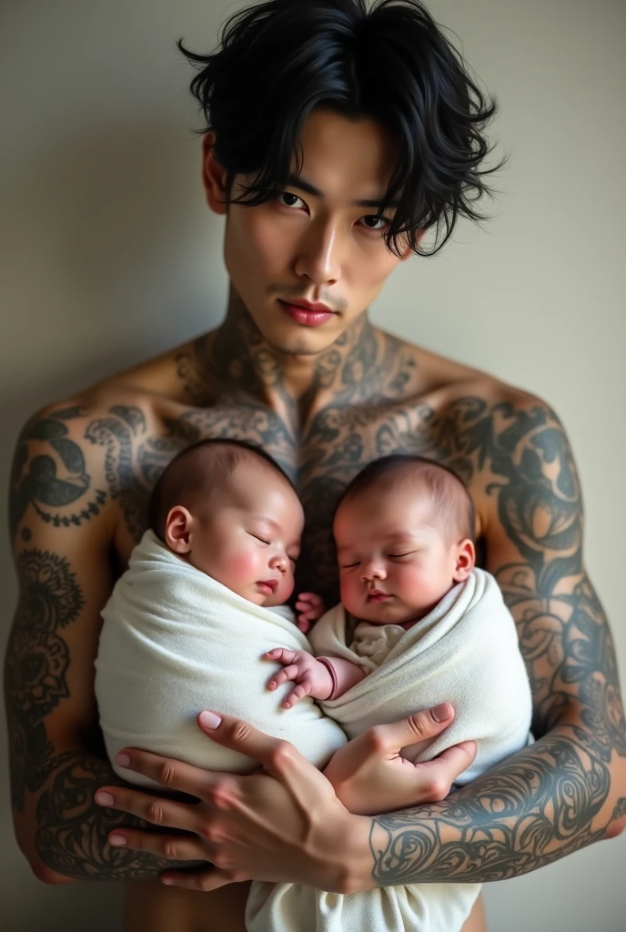 Seokjin from bts with tattos holding two babies
