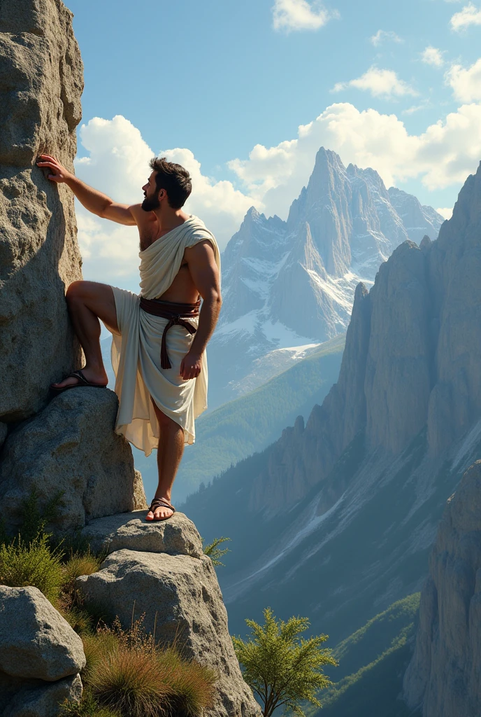 man in greek tunic, climbing a mountain 2d