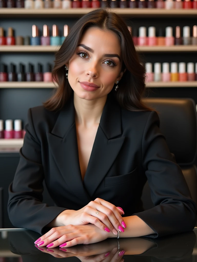 {
"size": "1024x1024",
"prompt": "A 21-year-old nail designer, elegant and sophisticated, sitting on an executive chair, facing the camera directly with a confident expression. She is wearing a black lab coat and has both hands placed gracefully on a table in front of her. Her nails are long, with stiletto-shaped extensions, and are beautifully painted. The background is a stylish salon room with shelves full of nail polishes in various colors. Behind her is a logo that reads 'Mia Instrutora' in modern, elegant lettering. The overall ambiance is professional, chic, and reflects her expertise as an instructor."
}