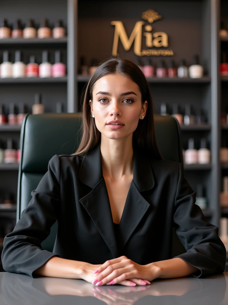 {
"size": "1024x1024",
"prompt": "A 21-year-old nail designer, elegant and sophisticated, sitting on an executive chair, facing the camera directly with a confident expression. She is wearing a black lab coat and has both hands placed gracefully on a table in front of her. Her nails are long, with stiletto-shaped extensions, and are beautifully painted. The background is a stylish salon room with shelves full of nail polishes in various colors. Behind her is a logo that reads 'Mia Instrutora' in modern, elegant lettering. The overall ambiance is professional, chic, and reflects her expertise as an instructor."
}