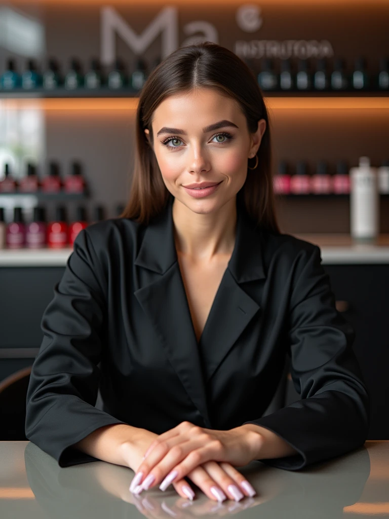 {
"size": "1024x1024",
"prompt": "A 21-year-old nail designer, elegant and sophisticated, sitting on an executive chair, facing the camera directly with a confident expression. She is wearing a black lab coat and has both hands placed gracefully on a table in front of her. Her nails are long, with stiletto-shaped extensions, and are beautifully painted. The background is a stylish salon room with shelves full of nail polishes in various colors. Behind her is a logo that reads 'Mia Instrutora' in modern, elegant lettering. The overall ambiance is professional, chic, and reflects her expertise as an instructor."
}