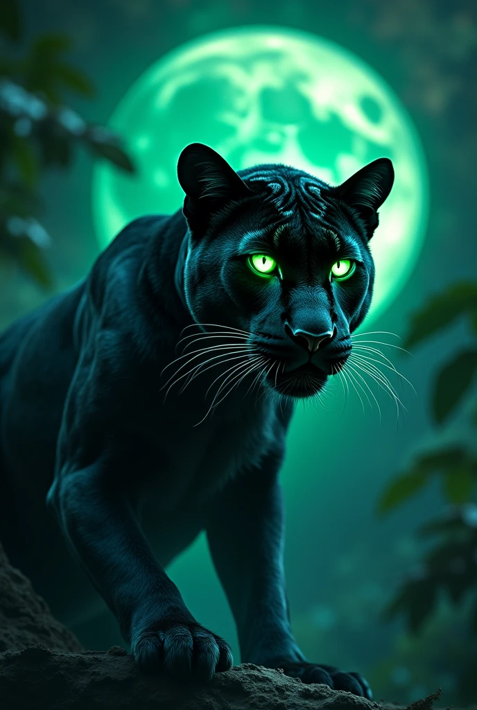 Show me a neon green-eyed panther who loves hallucinogenic mushrooms, It is nocturnal, of the Moon, from the shadows, His favorite colors are blue and green, but especially viridian, and he is from the Amazon..
.