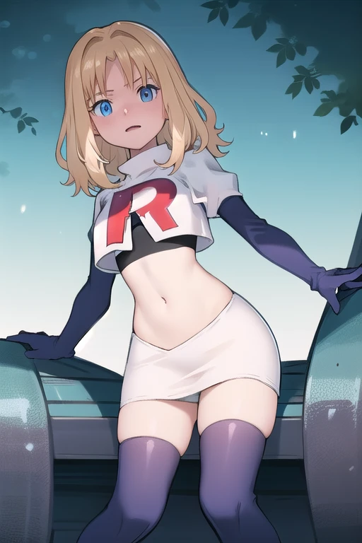 1girl, sxhelen, blonde hair, medium hair, blue eyes, team rocket,team rocket uniform,white skirt,red letter R,crop top,black thigh-highs,black elbow gloves, forest,