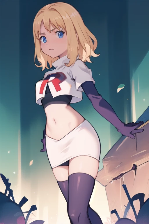 1girl, sxhelen, blonde hair, medium hair, blue eyes, team rocket,team rocket uniform,white skirt,red letter R,crop top,black thigh-highs,black elbow gloves, forest,