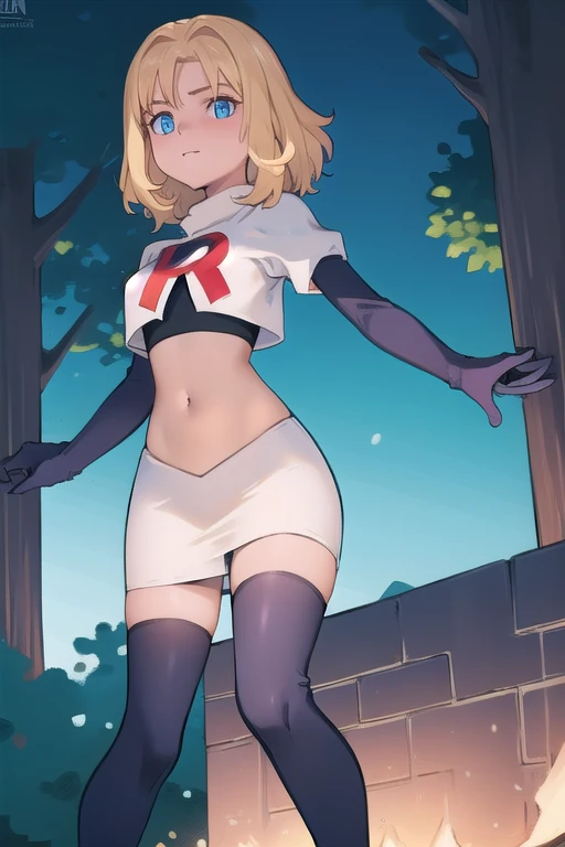 1girl, sxhelen, blonde hair, medium hair, blue eyes, team rocket,team rocket uniform,white skirt,red letter R,crop top,black thigh-highs,black elbow gloves, forest,