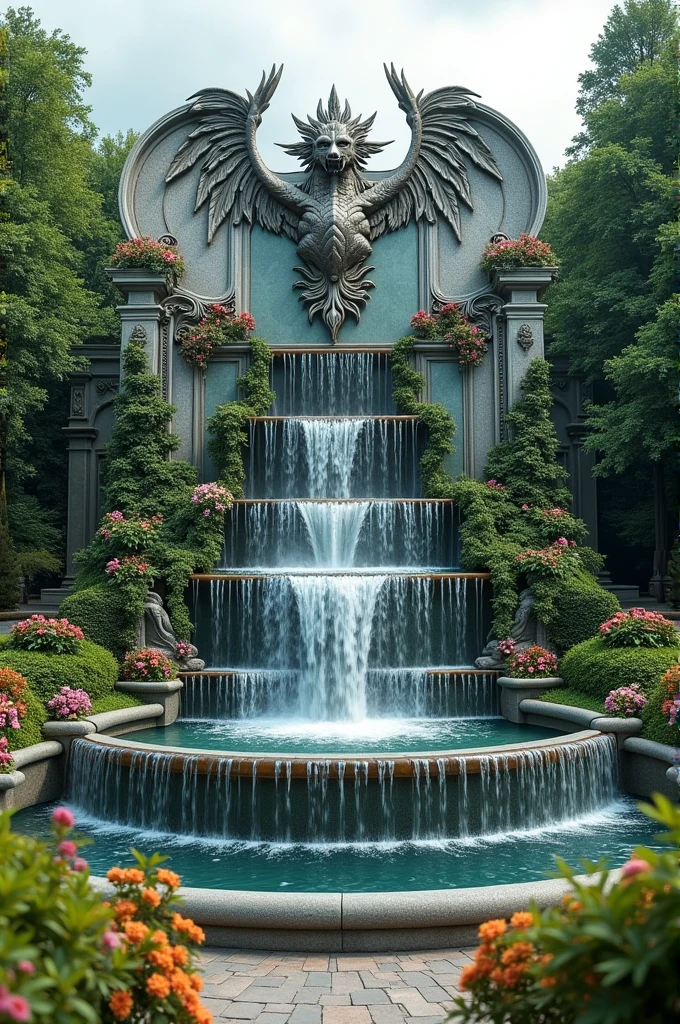 Create a waterfall type fountain with wall sculpture 