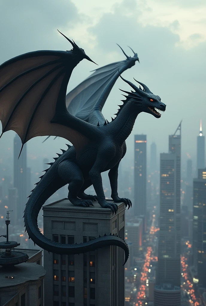 A Black dragon with wings, he is Very big, in a futurist city, he is above a big building. Dragon needs to be near in image and holdindg somente TNT bomba