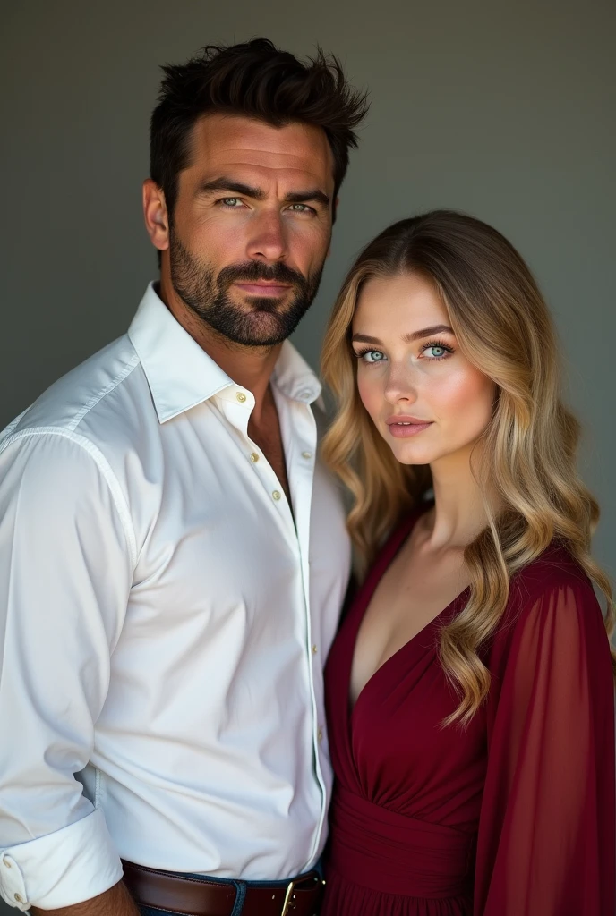 Father and daughter photos, the blue eyed man father, stark, white with black hair and stubble, dressed in a white dress shirt and with his 19-year-old daughter, blue eyed blonde in dark red dress.