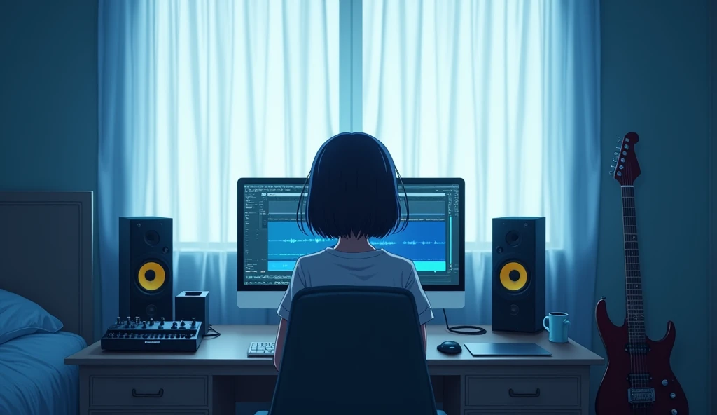 Inside the room blue white Emotional computer speaker Electric guitar leaning against a wall Desktop Music Bob Hair Near future Girl dawn An illustration Anime Style Back view Face not shown