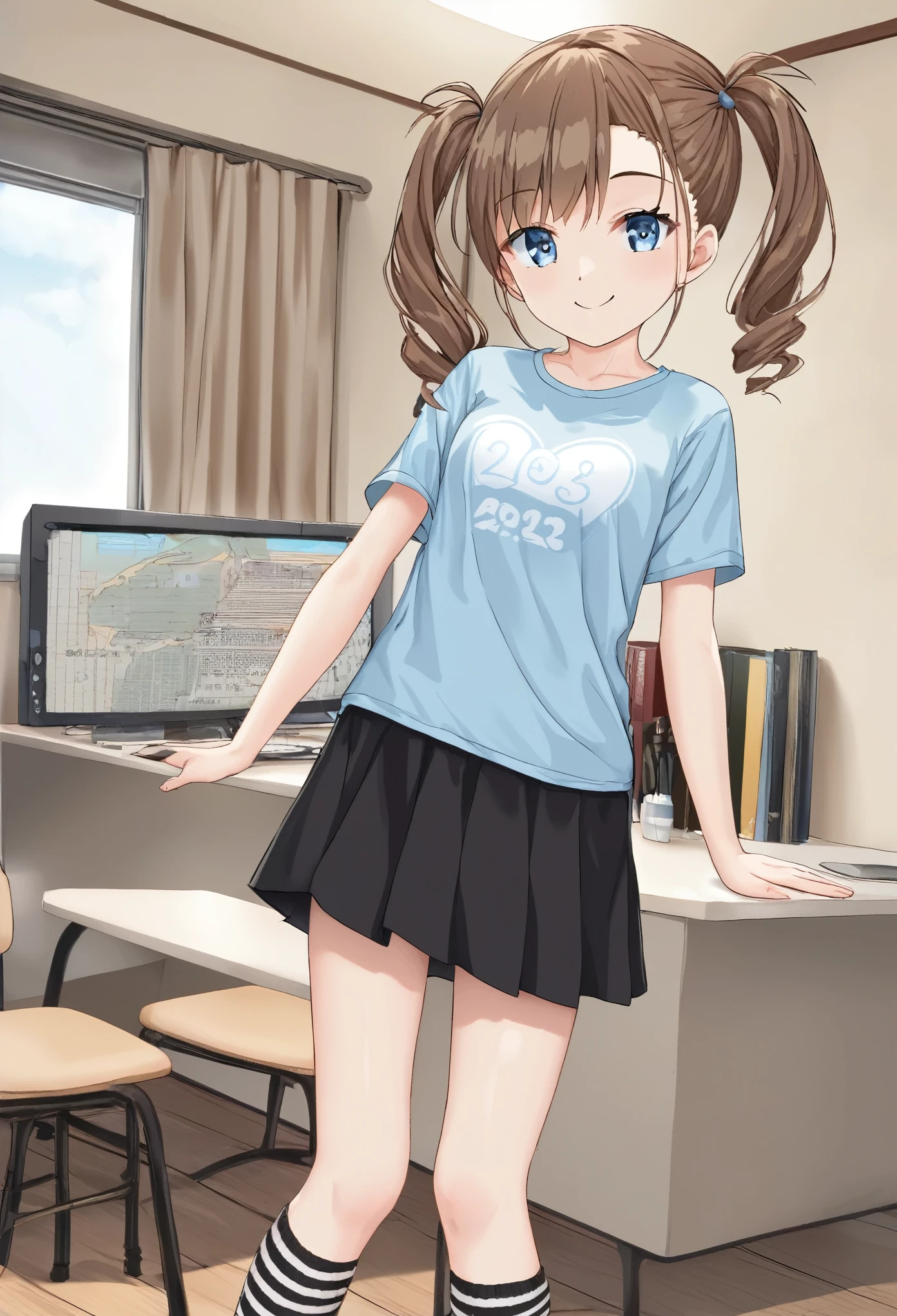 (masterpiece:1.2, Highest quality),(anime), One girl,10-year-old girl,smile,Light blue eyes,Drooping eyes,Brown Hair,Pigtails,Light blue heart print T-shirt,Black Mini Skirt,Black and white striped knee-high socks,Are standing,room