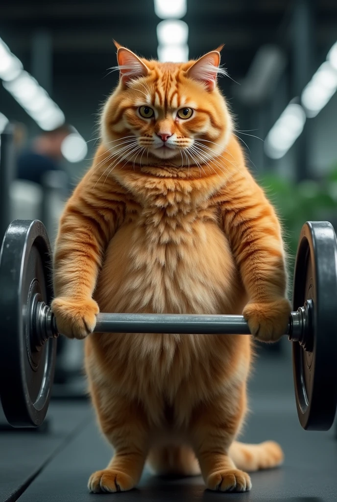 Fat orange cat lifting weights at the gym