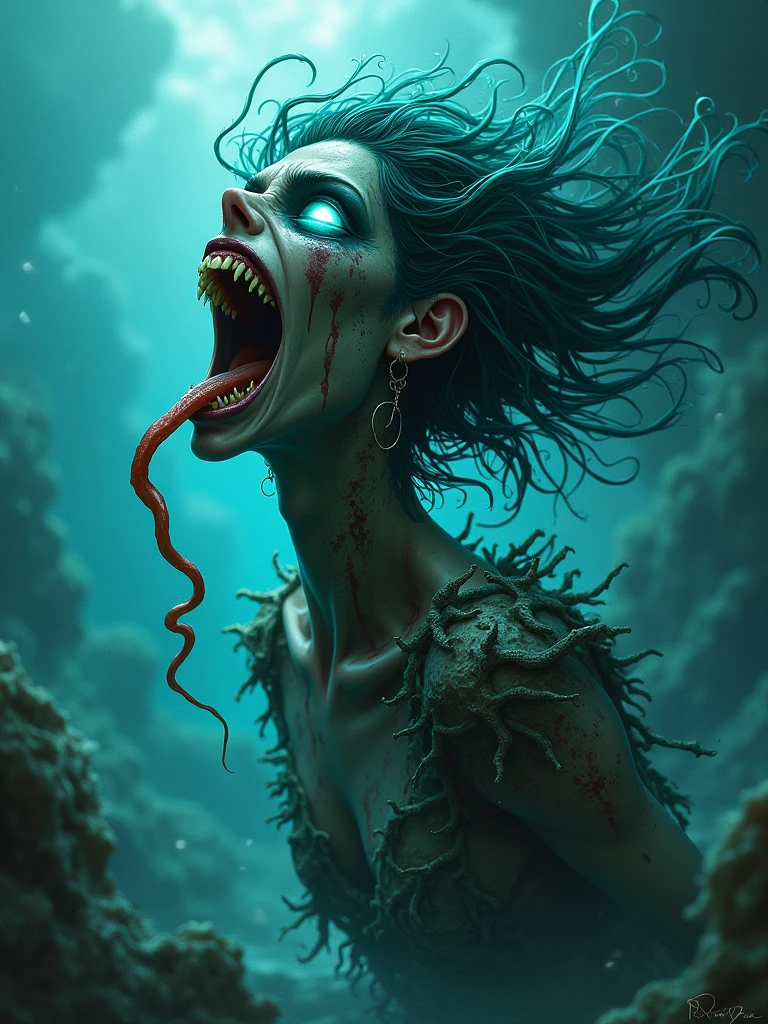 A demonic princess of waterworld, swirling through the chaotic water, pitch black eye shadow with mascara running down, shell and seaweed armor, barnacled skin, rotting face:1, skin with holes and wrinkles, almost skeletal ghoulishness, spindly fingers, fully blue laser eyes and glowing turquoise hair, two hands:1.5, loong tongue slurping out while she cackles! (75mm)