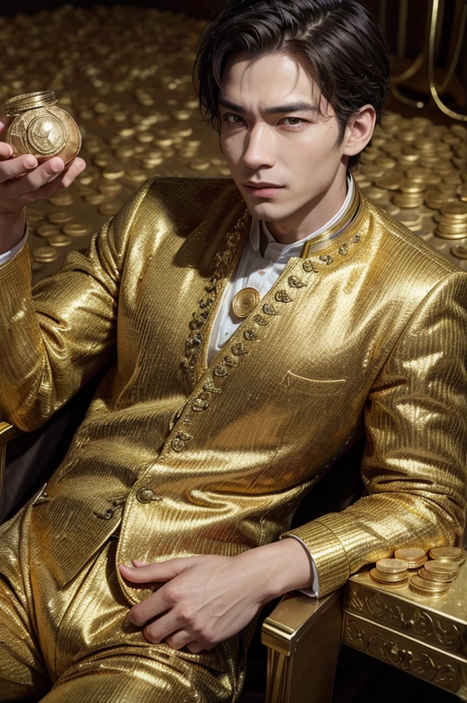 create an image of a man with several gold coins around him inspiring wealth with the expression series