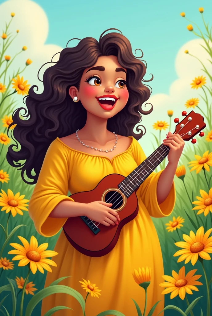 i want a chubby fatty very healthy girl cartoon who has very long most curly hair. she should wear a yellow dress and playing ukulele. the background should be with daisy flowers. boobs should not be too visible and not too big. standing. full sleeve and