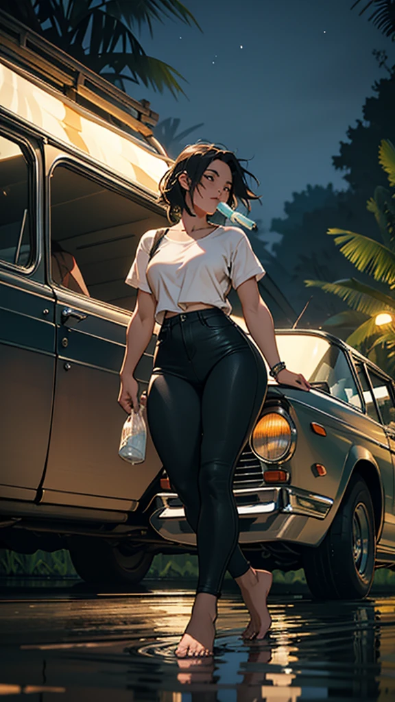 A young woman is camping on top of her feet, she is wearing tight clothes, or her hips are big, she is passing by water, she is carrying a few bags of liquor, or she is eating a vintage car at night, she is passing in the jungle.
