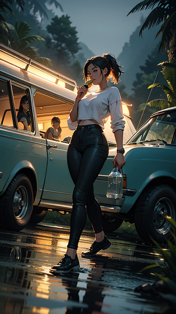 A young woman is camping on top of her feet, she is wearing tight clothes, or her hips are big, she is passing by water, she is carrying a few bags of liquor, or she is eating a vintage car at night, she is passing in the jungle.