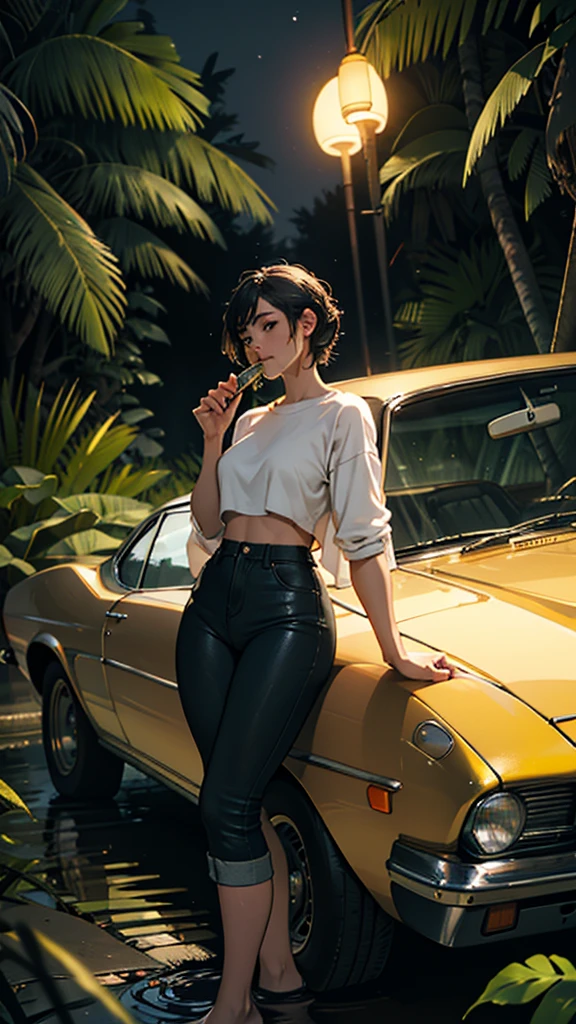 A young woman is camping on top of her feet, she is wearing tight clothes, or her hips are big, she is passing by water, she is carrying a few bags of liquor, or she is eating a vintage car at night, she is passing in the jungle.