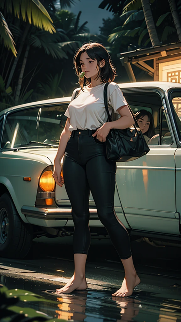 A young woman is camping on top of her feet, she is wearing tight clothes, or her hips are big, she is passing by water, she is carrying a few bags of liquor, or she is eating a vintage car at night, she is passing in the jungle.