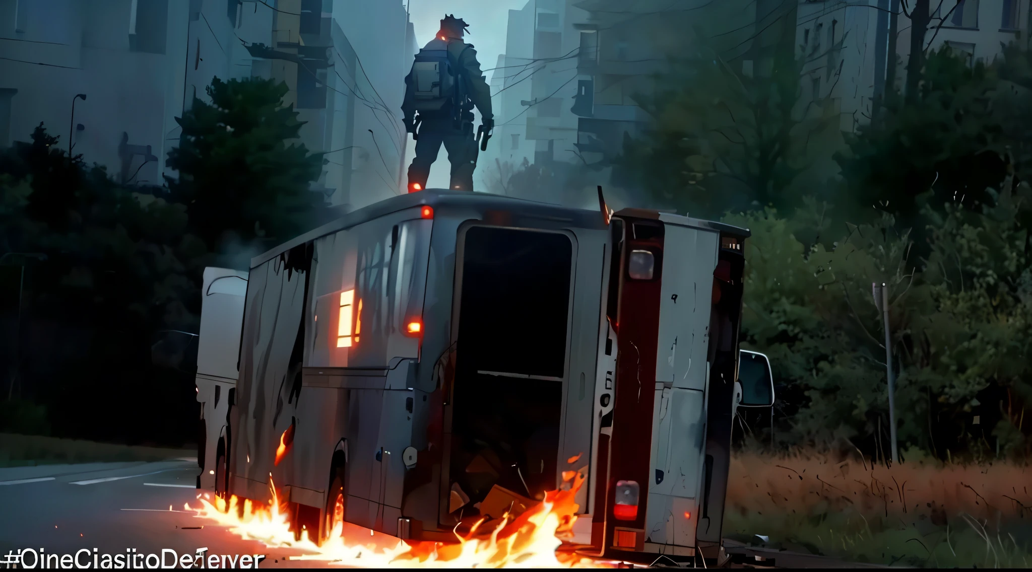 There is a man standing on top of a truck that is on fire., Hell of a burning bus, trailer, Hell of a bus crash on fire, burning scene in the background, still from riverdale, epic vfx shot, Furious action scene, amazing visual effects, Visual effects action shot, vfx shot, 4 0 9 6, in this sinister scene, morbius screenshot (2022)