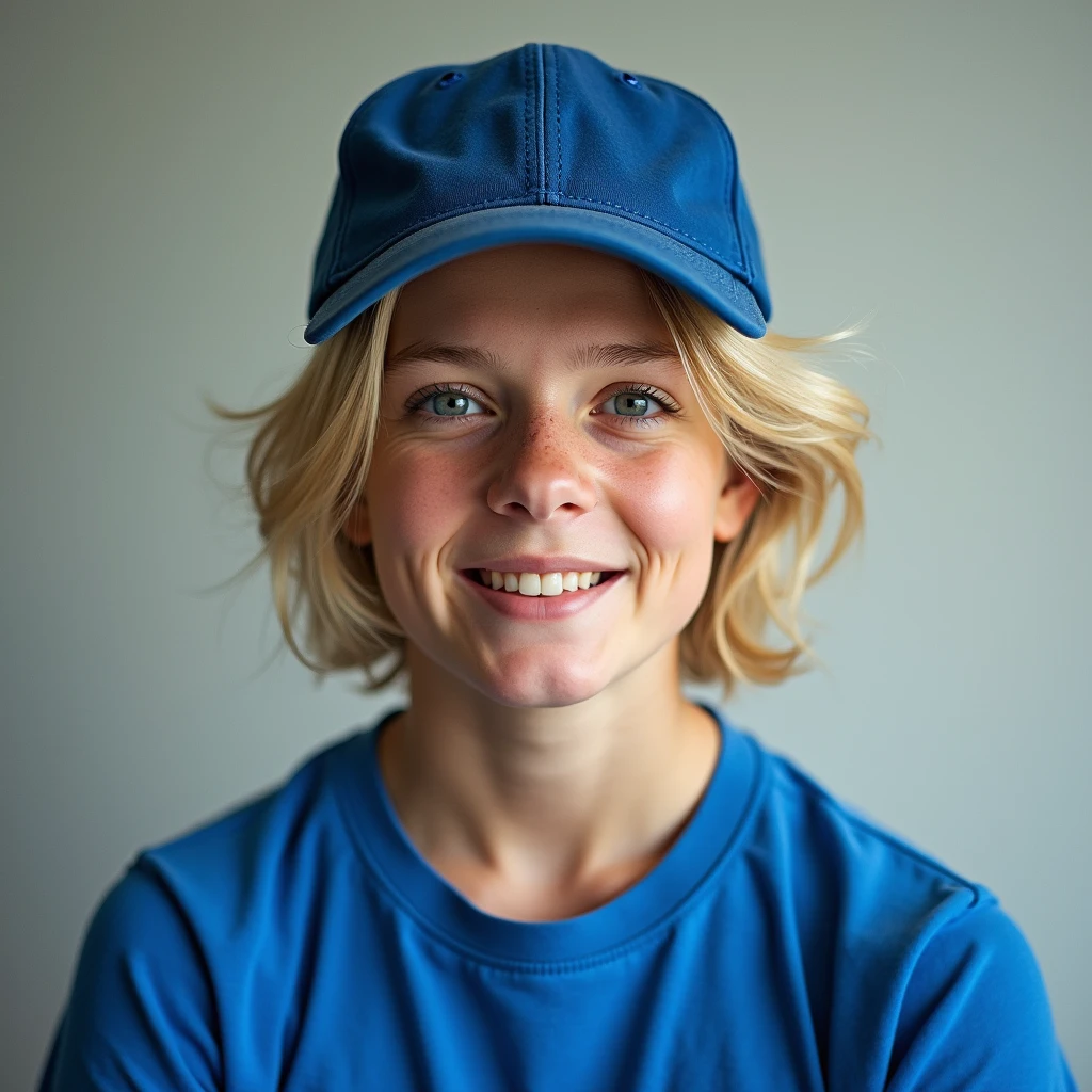 a portrait of a blonde with a blue cap and blue shirt