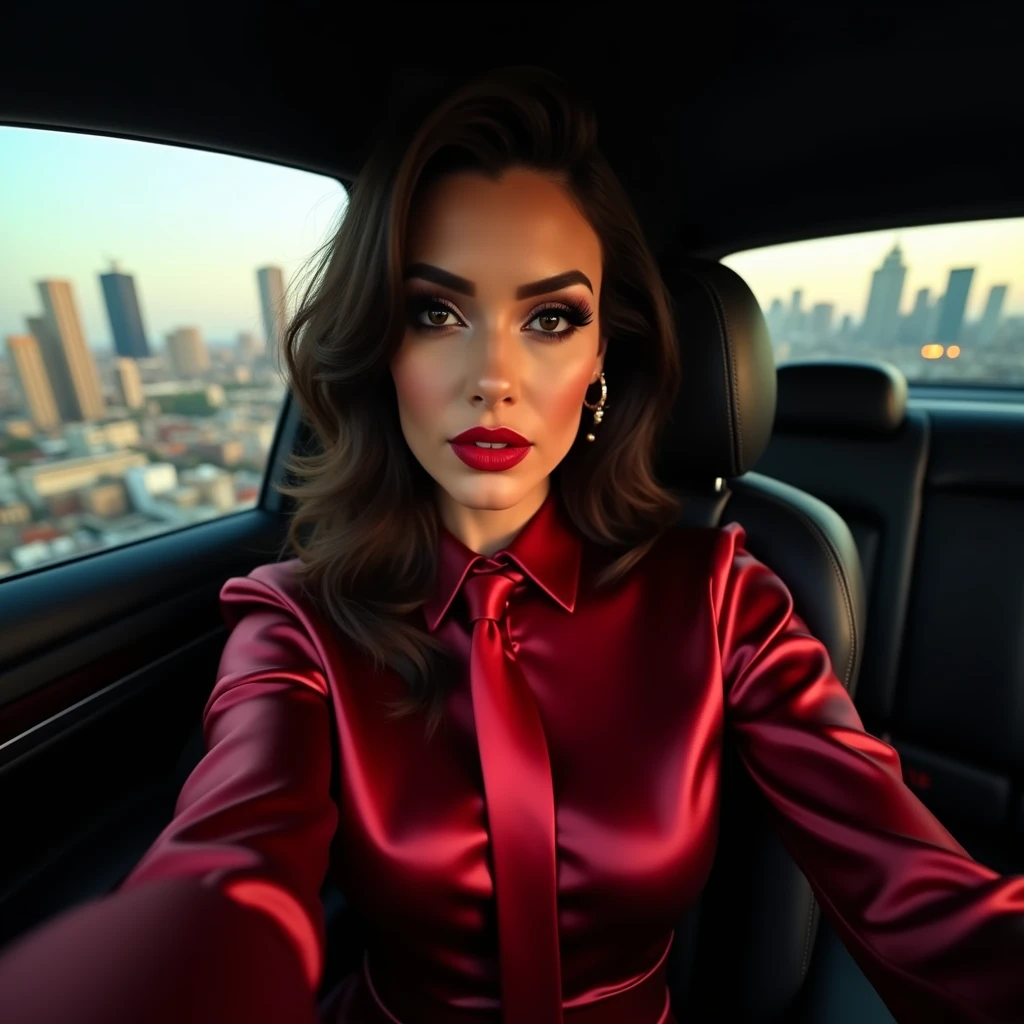 selfie photo of a jezebel woman in a car, wearing a glamorous satin blouse with red tie, city of berlin in the background, uploaded to Instagram