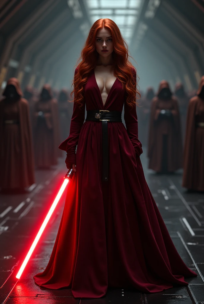 (full body shot:1) photorealistic image of a (standing pose:1) ultrarealistic, photography, long red hair, woman, 24 years old, hourglass figure, perfect body, seductive look, natural medium breasts, blur background, in complete darkness, she is wearing a sith robe, she is holding a red lightsaber, the lightsaber is the only lightsource, on a dark spacestation, a trail of defeated jedis is behind her