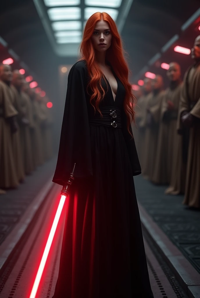 (full body shot:1) photorealistic image of a (standing pose:1) ultrarealistic, photography, long red hair, woman, 24 years old, hourglass figure, perfect body, seductive look, natural medium breasts, blur background, in complete darkness, she is wearing a sith robe, she is holding a red lightsaber, the lightsaber is the only lightsource, on a dark spacestation, a trail of defeated jedis is behind her