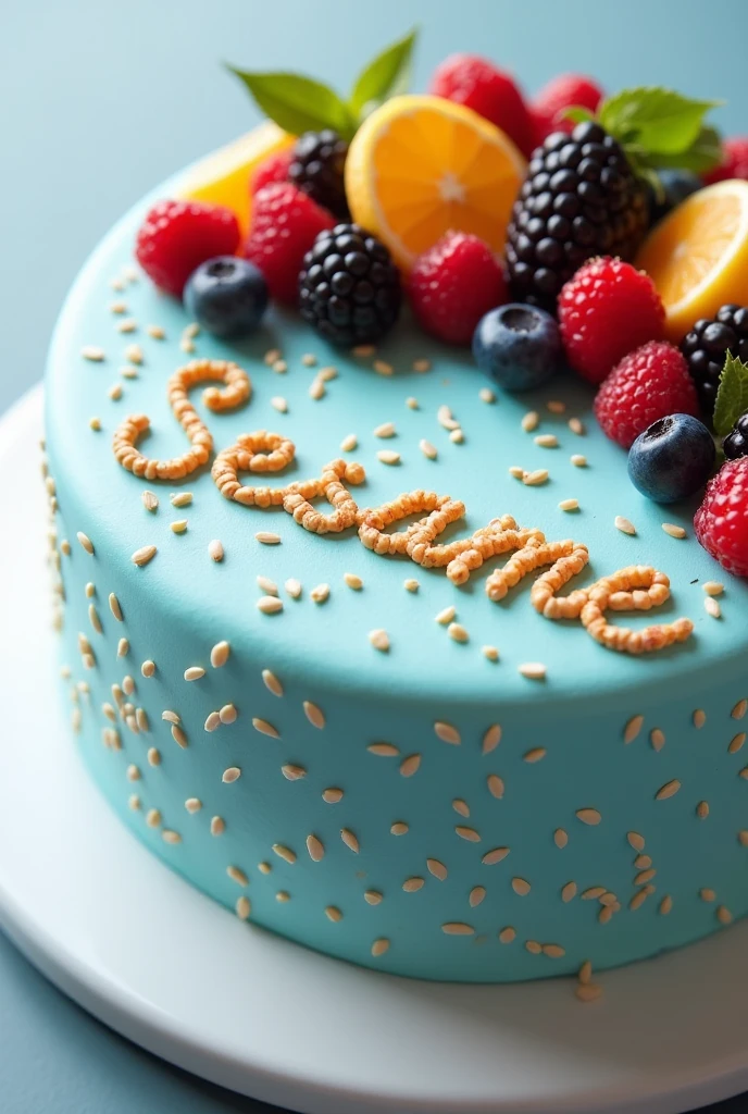 A light blue sesame cake with fruits on top spread with sesame seeds that say Sesame