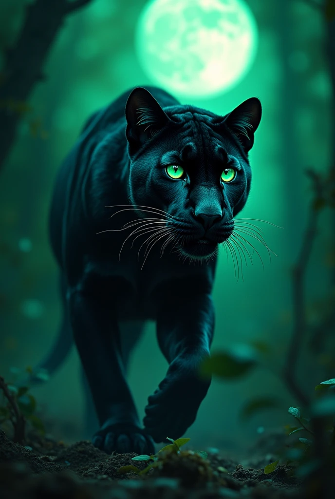 Show me a neon green-eyed panther who loves hallucinogenic mushrooms, It is nocturnal, of the Moon, from the shadows, His favorite colors are blue and green, but especially viridian, and he is from the Amazon..