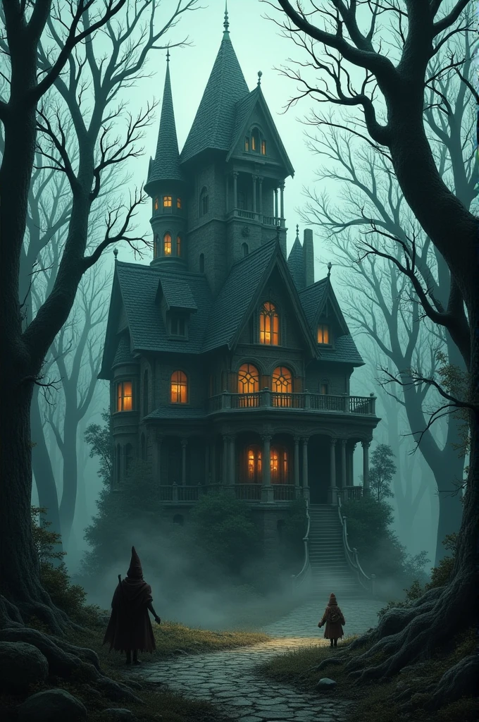 a.enchanted mansion of 7 floors, surrounded by trees.dead, gnomes, a forest behind, with an aura of abandonment
