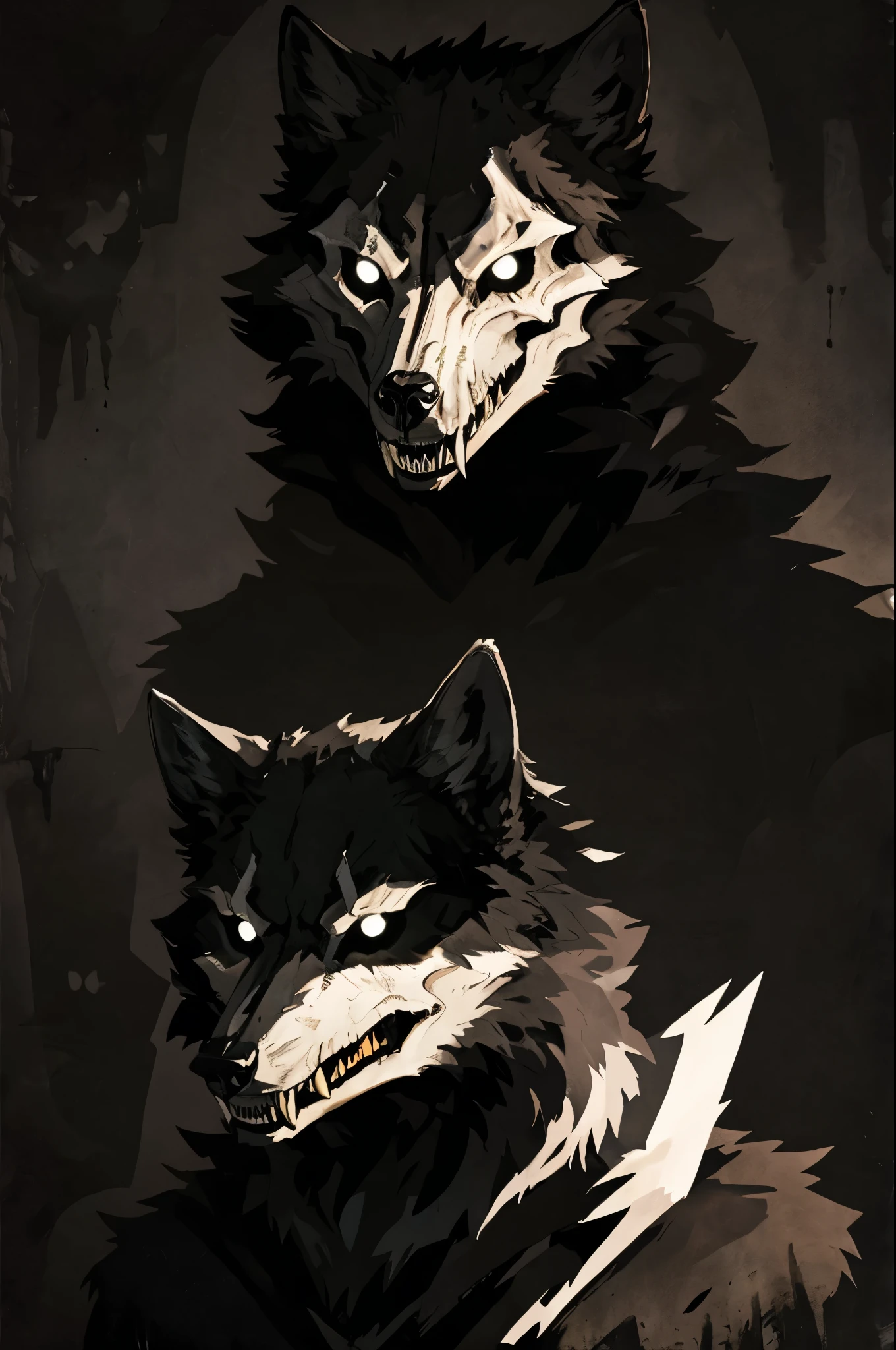 wolf, horror, wolf skull face, half wolf face half skull, dark face, creepy, big teeth, bright white eyes, shadows, no face, dark background, full black background, looked at view,