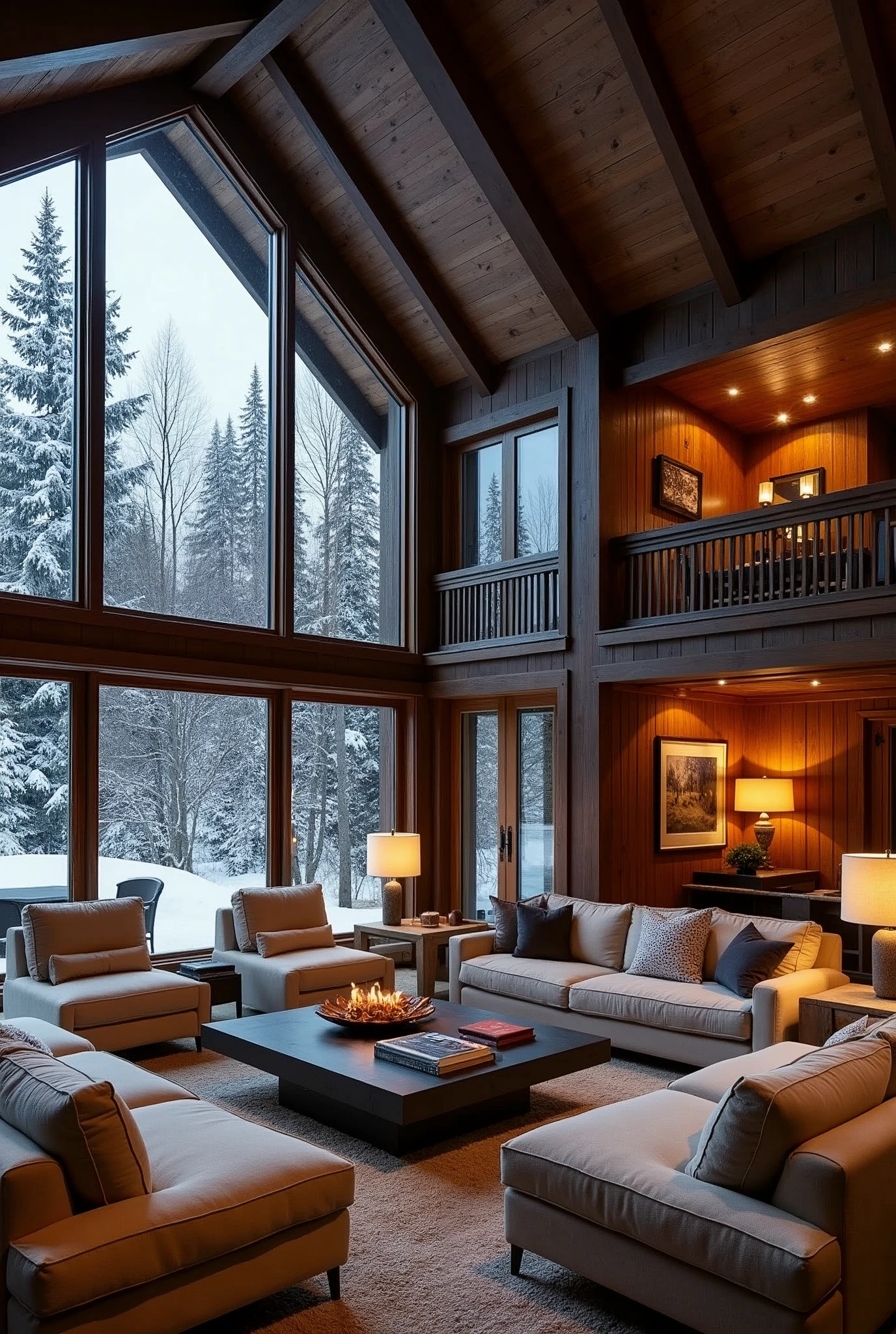 A double-height ceiling living room with a large, floor-to-ceiling window on one side log cabin. Outside is a dark snow-covered landscape. The living area is furnished with plush, contemporary sofas and chairs in neutral tones, grouped around a low, central coffee table. The room's color palette is composed of dark brown and warm tones, with the soft lighting from various lamps adding a cozy ambiance.