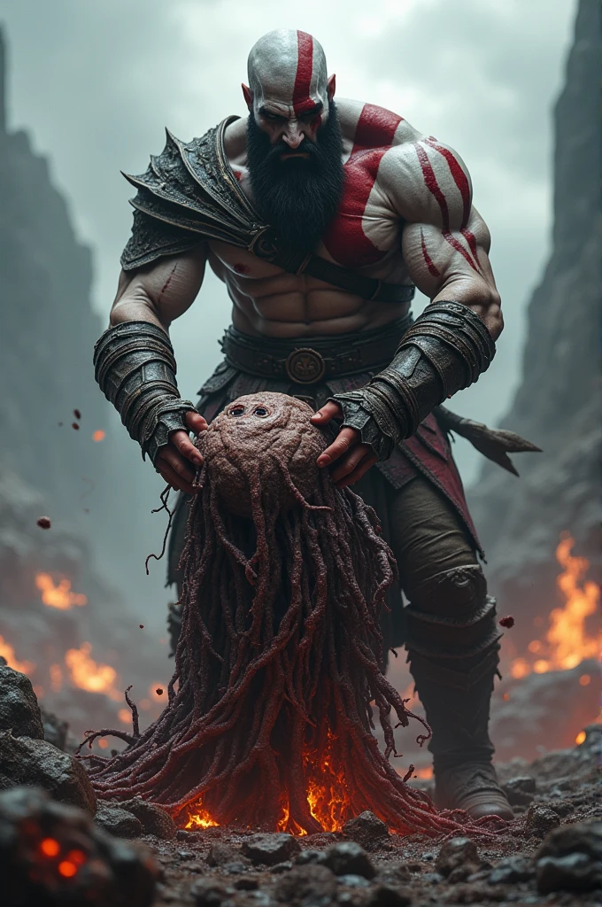 Create an image of the God of War Cratos cutting off a monster's head