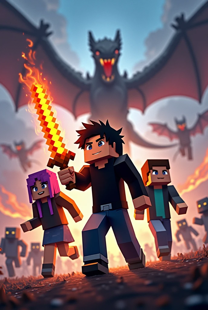 Minecraft cover with three players, the one in front with black long sleeve shirt skin and black pants, and red hair, holding a flaming sword,the one on the left is a girl with purple and black skin, and on the right side a boy with blue and black skin with brown hair, running away from dragons flying and breathing fire behind them, and fierce zombies and behind, with a large blue and gold title written "Minecraft Exaraton"