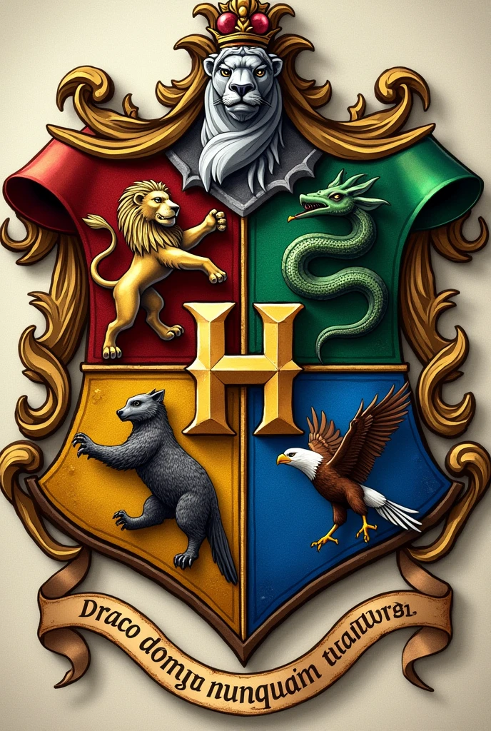 
"Create a heraldic shield divided into four sections, each representing a different mythical creature and a house. The top left quadrant features a majestic lion, symbolizing bravery, with a deep red background for the Gryffindor house. The top right quadrant shows a fierce serpent coiled, symbolizing ambition, with a green background for the Slytherin house. The bottom left quadrant displays a cunning badger, symbolizing loyalty, with a yellow background for the Hufflepuff house. The bottom right quadrant showcases a wise eagle in flight, symbolizing intelligence, with a blue background for the Ravenclaw house. Each creature is detailed and lifelike, reflecting the attributes of its corresponding house. In the center, where the four sections meet, is a large, ornate letter 'H' in gold, symbolizing the unity of the houses. Surrounding the shield is a banner with the Latin phrase 'Draco dormiens nunquam titillandus,' meaning 'Never tickle a sleeping dragon.' The style should be medieval with intricate detailing and rich colors