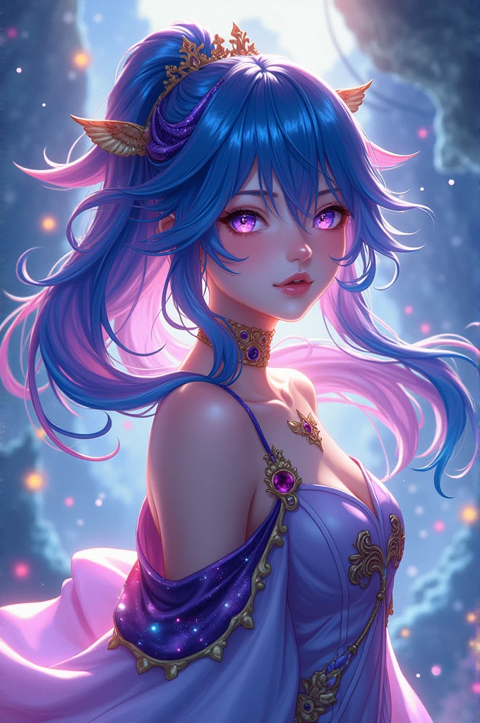 Genshin impact anime girl with long hair and universe color eyes and hair