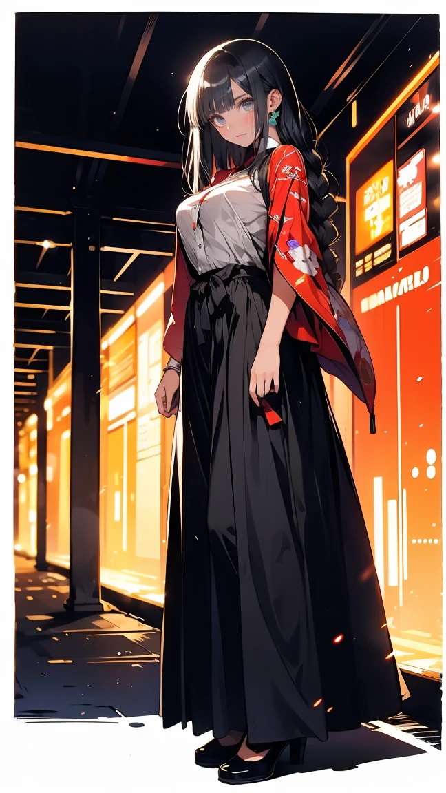 anime illustration, ((((highest quality)))), (((Ultra-precision CG 16K))), (((masterpiece))), (((Very detailed))), (((Extremely detailed))), (((Black outline:1.3, Written boundary depth:1.3 , Written soft outline, sharpness))), Maximum clarity and sharpness, Multilayer Texture, Surface Shading, Cinematic lighting, Beautiful details sparkle ,Perfect Proportions, Limited to one woman, BREAK accurate, Anatomically correct, Highly detailed face and skin texture, drawn in detail, Highly detailed facial and skin texture, Detailed eyes, beautiful hair, Beautiful Japanese Idol face, Beautiful and beautiful eyes, Beautiful body, Beautiful breasts, Beautiful thighs, Beautiful legs, Beautiful fingers, (Beautiful views) , skinny body, ((Beautiful Skin)), ((Skin Texture)) BREAK breast enlarged, medium Breasts, rocket breasts, (((perky breasts))), ((covered nipples)), slender waist, ( narrow eyes, blush, determined expression, hot, sweaty , Heavy breathing,) , (streaked hair, hair intakes, colored inner hair, ) BREAK (((wearing oversized printed sexy professional clothing , wearing wide-leg-pants, breasts is covered by outfit))) , wearing earrings, (((tanned skin, tan lines))) , BREAK ( stick breast out, bending over, professional dancer on stage with spotlighting ),(((looking at viewer, super detailed background , ))), BREAK (((full body shot, looking at viewer, )), (natural make), random angle, random situation , pinup magazine pose
