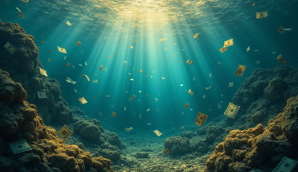 ((dark Renaissance)) An ocean of money, undulating waves of banknotes and coins, sunlight sparkling on shimmering currency, surreal blue depths filled with treasures, submerged islands made of gold bars, currency kelp swaying gently, intricate details of every bill and coin visible, dreamlike mist rising off the surface, creating a landscape of wealth and abundance, captivating visual interplay of light and shadow.